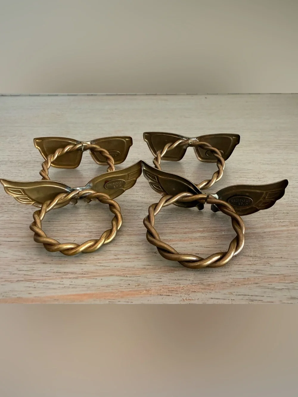 Vintage Maugenest SF Antique Brass Sunglasses Napkin Rings Set 4 Kitsch Retro